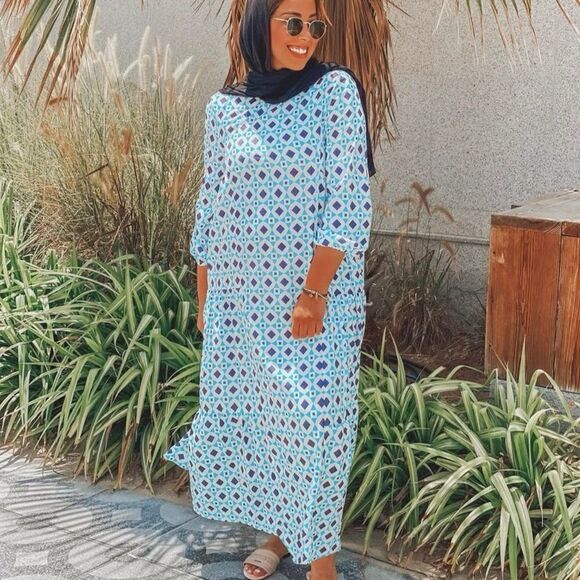 ZARA Print Dress Blue Geometry Print Long Sleeves - Picture 1 of 13